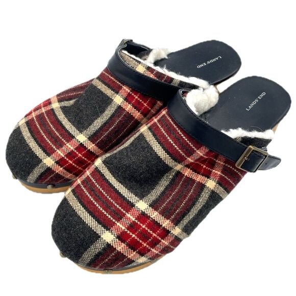 Lands’ End Girls Skylar Shearling Clogs Plaid Slip-On Red Tartan Christmas 5M - Picture 1 of 5